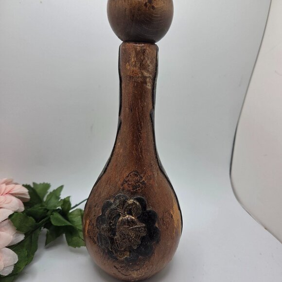 Vintage Italian Brown Leather Covered Wine Bottle Decanter Embossed Wood Stopper - Picture 1 of 16